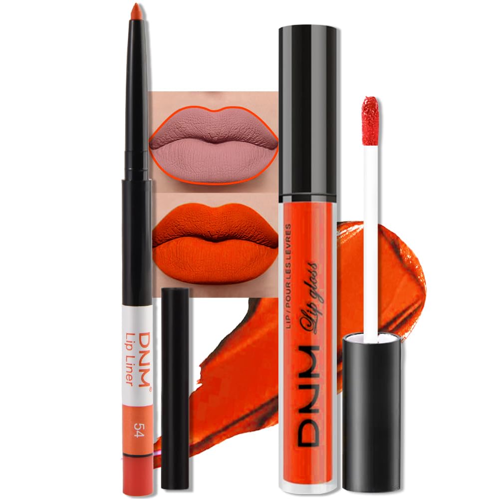 evpct 2Pcs Orange Light Fire Red Matte Liquid Lipstick Lip Gloss Stain and Retractable Lip Liner
