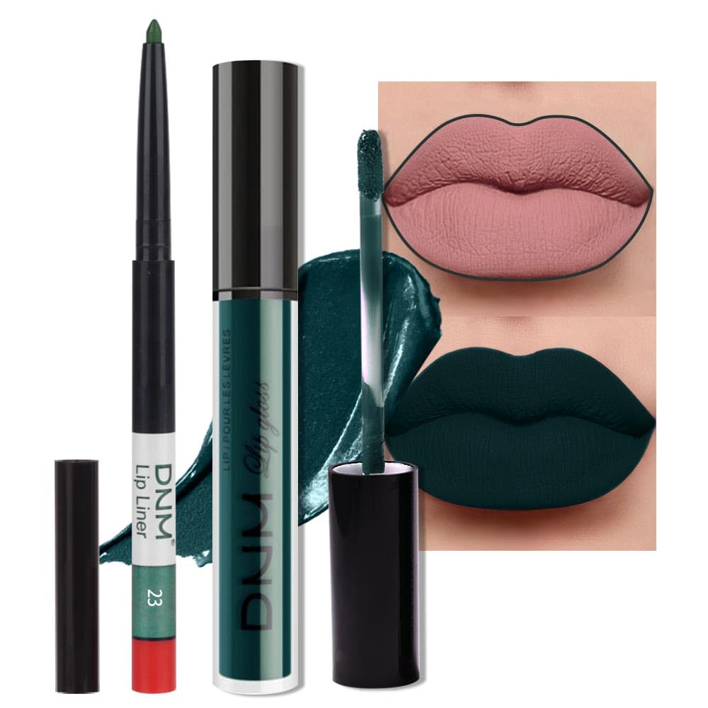evpct 2Pcs Matte Dark Green Lipstick and Lip Liner Gloss Makeup Set matt Matte Liquid Lipstick Long