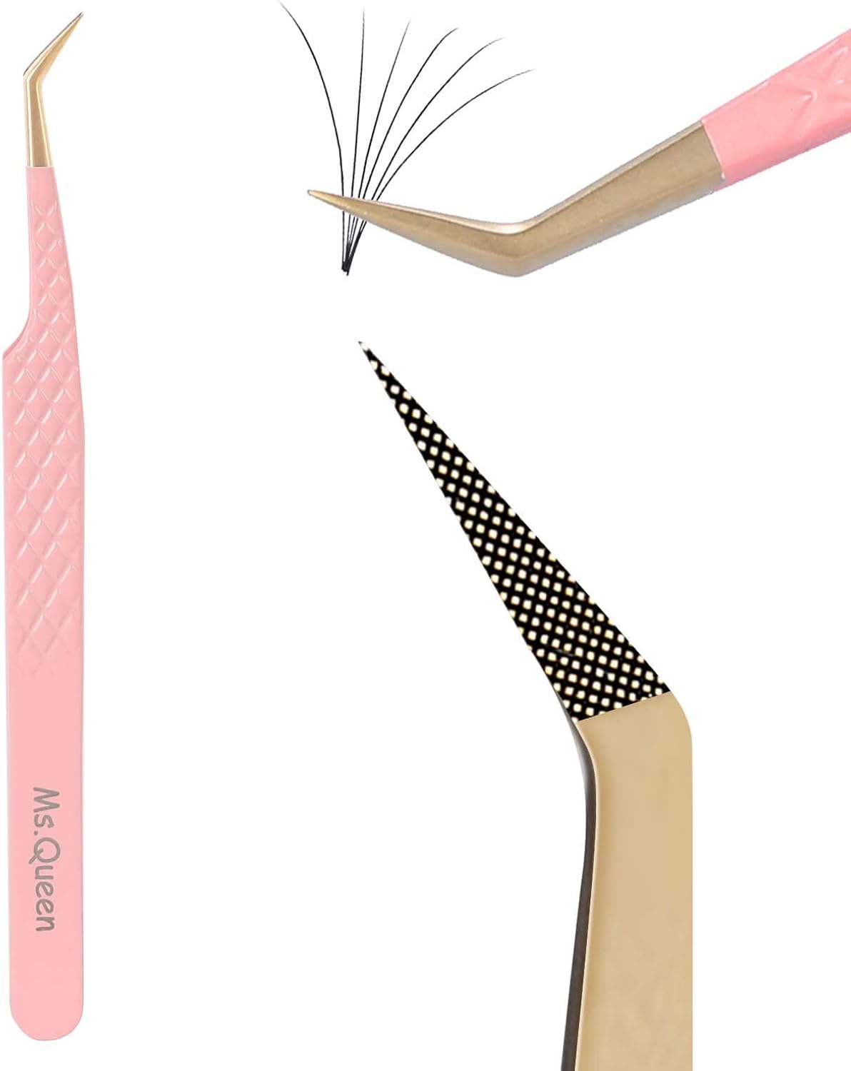 Ms.Queen 45 Degree Tweezers for Lash Extensions,Precision Fiber Tip Eyelash Tweezers for Volume