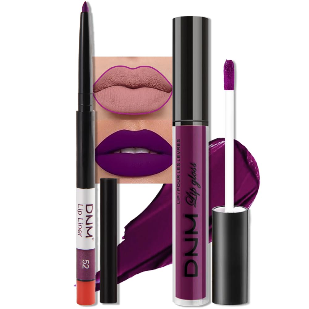 evpct 2Pcs Purple Matte Liquid Lipstick Lip Gloss Stain and Retractable Lip Liner Makeup Set for