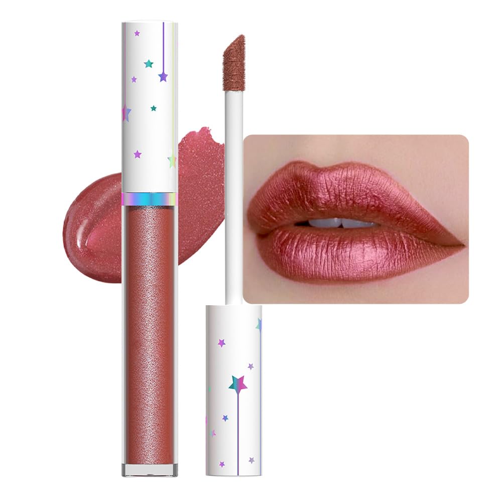 evpct 1Pcs Mauve Red Metallic Shimmer Glitter Lip Gloss Liquid Lipstick Long Lasting Waterproof 24