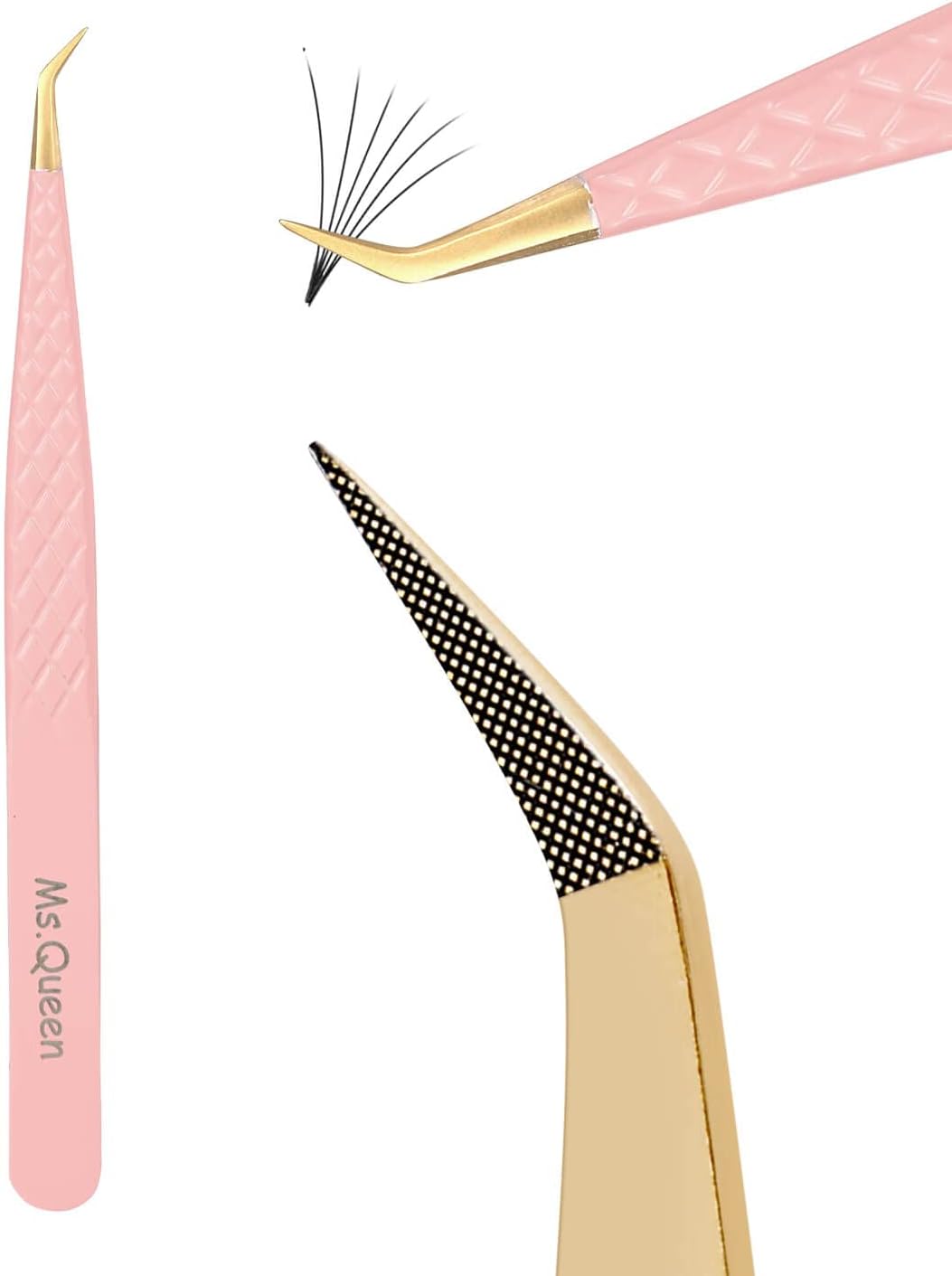 Ms.Queen Lash Tweezers for Eyelash Extensions, Professional Curved Tip Lashing Tweezers for
