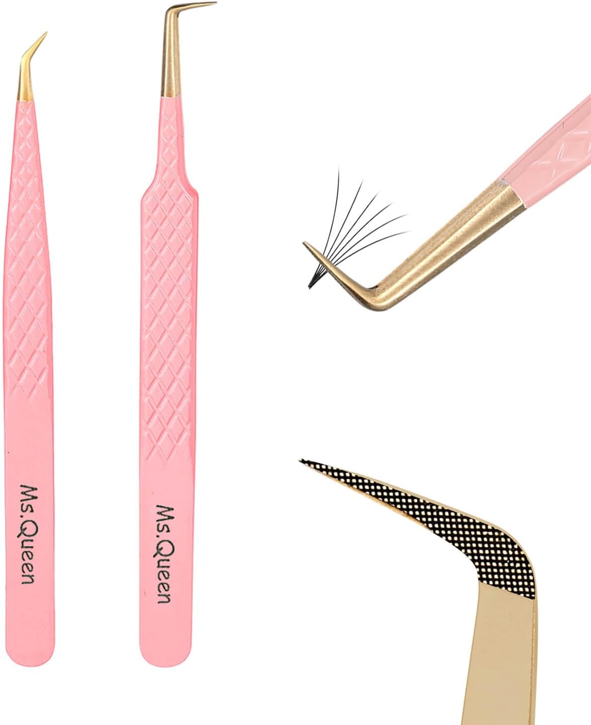 Ms.Queen Eyelash Extension Tweezers,2Pcs Fiber Tip 90 Degree Volume Tweezers and Isolation Lash