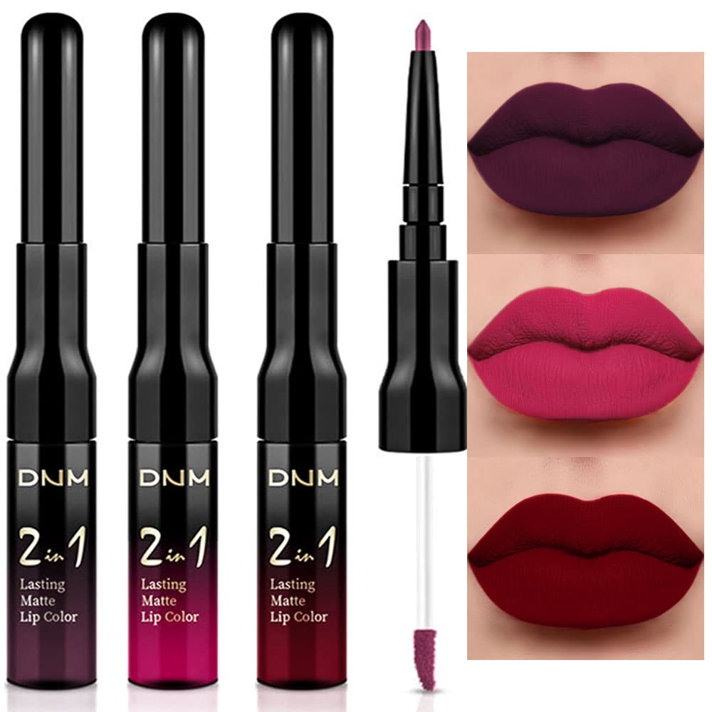 evpct 3Pcs Dark Plum Purple Rose Dark red Matte Lip Liner Pencil and Liquid Lipstick Sets for Women