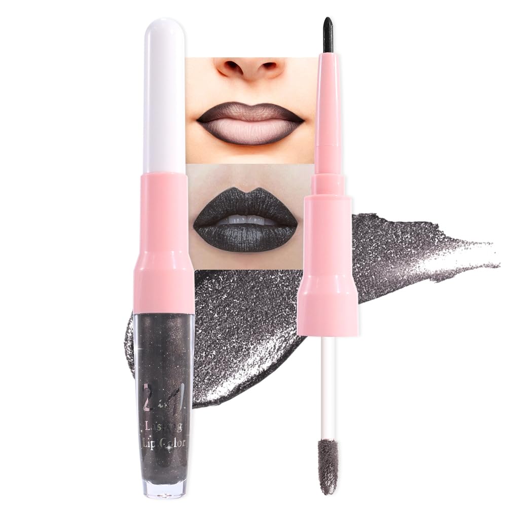 evpct Black Metallic Glitter Lip Liner and Lipstick Combo Lip Gloss Stain Set Makeup for Women Long