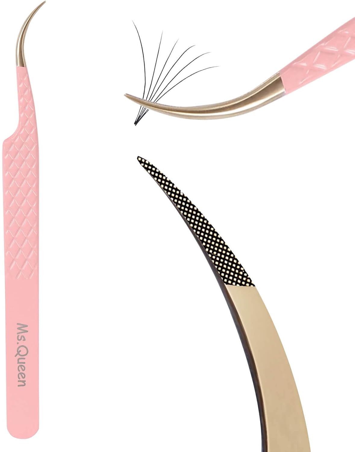 Ms.Queen Curved Tweezers for Eyelash Extensions,Diamond Grip Curved Volume Tweezers Fiber Tip