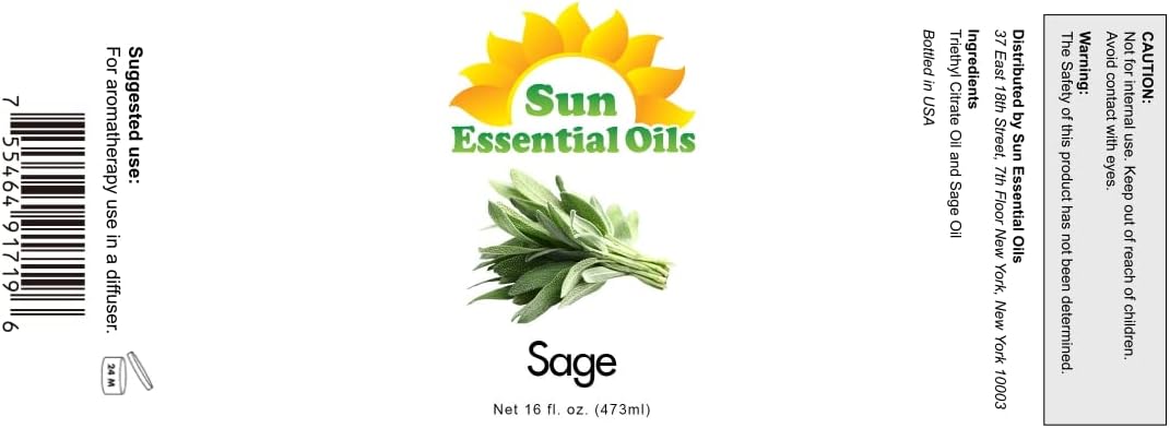 Sun Essential Oils – Sage Essential Oil 16 oz for Diffuser, Skin, Aromatherapy Massage, Humidifier