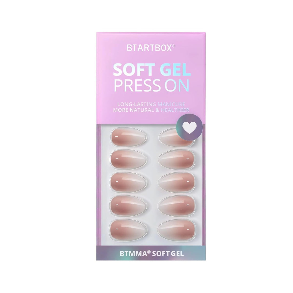 Almond Press On Nails Medium - BTArtbox Soft Gel Ombre Fake Nails with Nail Glue, Semi-Transparent