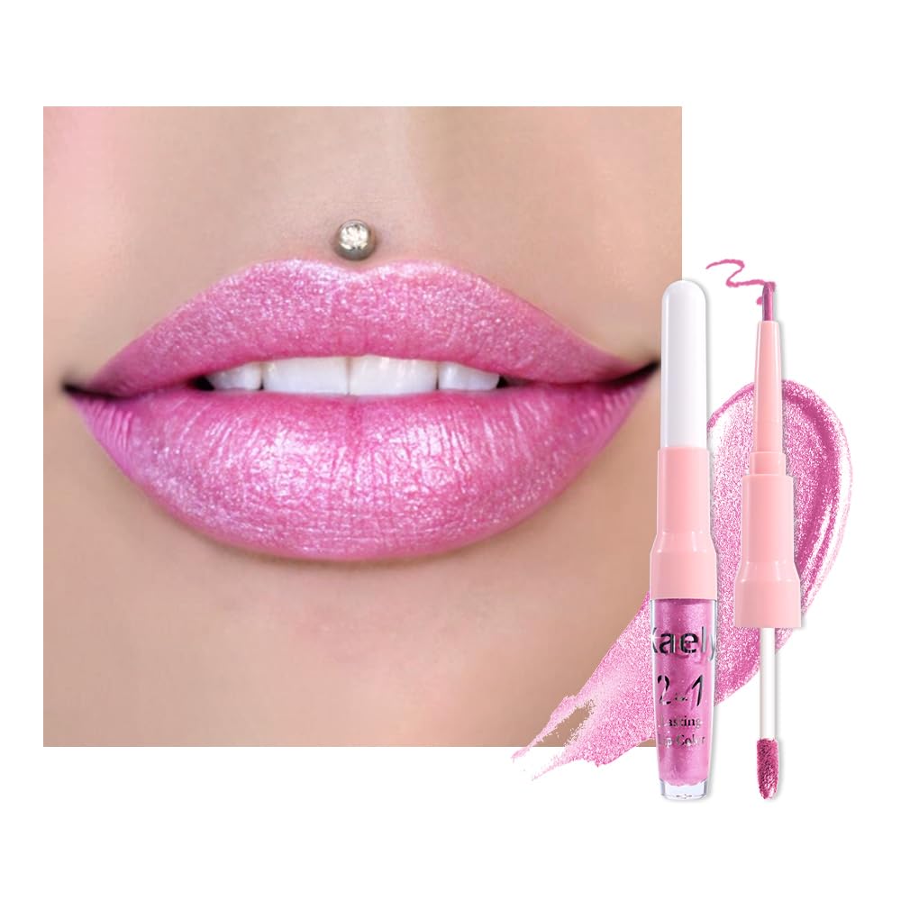 evpct Pink Metallic Glitter Lip Liner and Lipstick Combo Lip Gloss Stain Set Makeup for Women Long