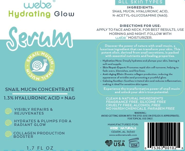 WEBE Naturals Snail Mucin 94% Hydrating Glow Serum | 1.3% Hyaluronic Acid & N-Acetyl Glucosamine |