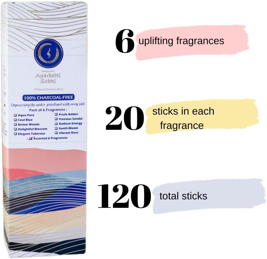 Incense Sticks Agarbatti Sabki - Pack of 6-120 Sticks, Relaxation Spiritual Healing Stress Relief