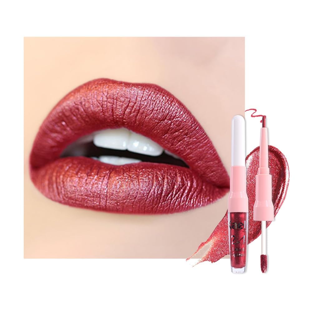 evpct Dark Red Metallic Glitter Lip Liner and Lipstick Combo Lip Gloss Stain Set Makeup for Women