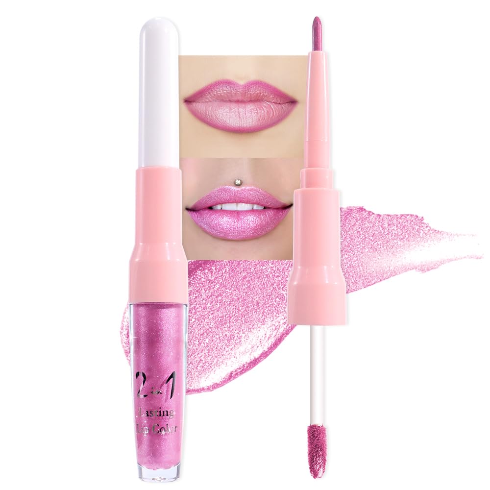 evpct Pink Metallic Glitter Lip Liner and Lipstick Combo Lip Gloss Stain Set Makeup for Women Long