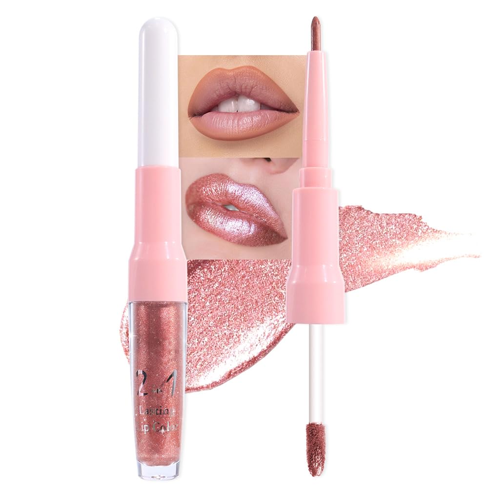 Rose Gold Metallic Lip Liner and Lipstick Combo Lip Gloss Tints Stain Set Makeup for Women Long