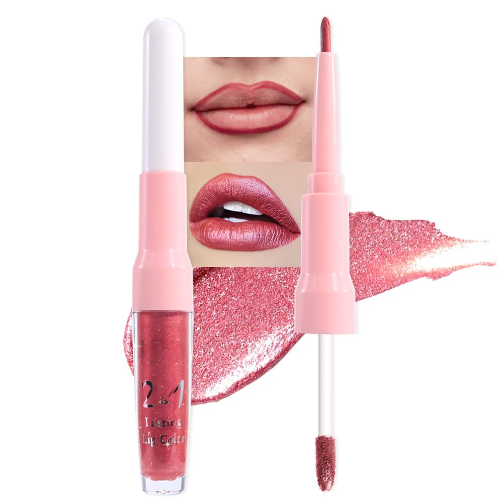 evpct Mauve Red Metallic Glitter Lip Liner and Lipstick Combo Lip Gloss Stain Set Makeup for Women