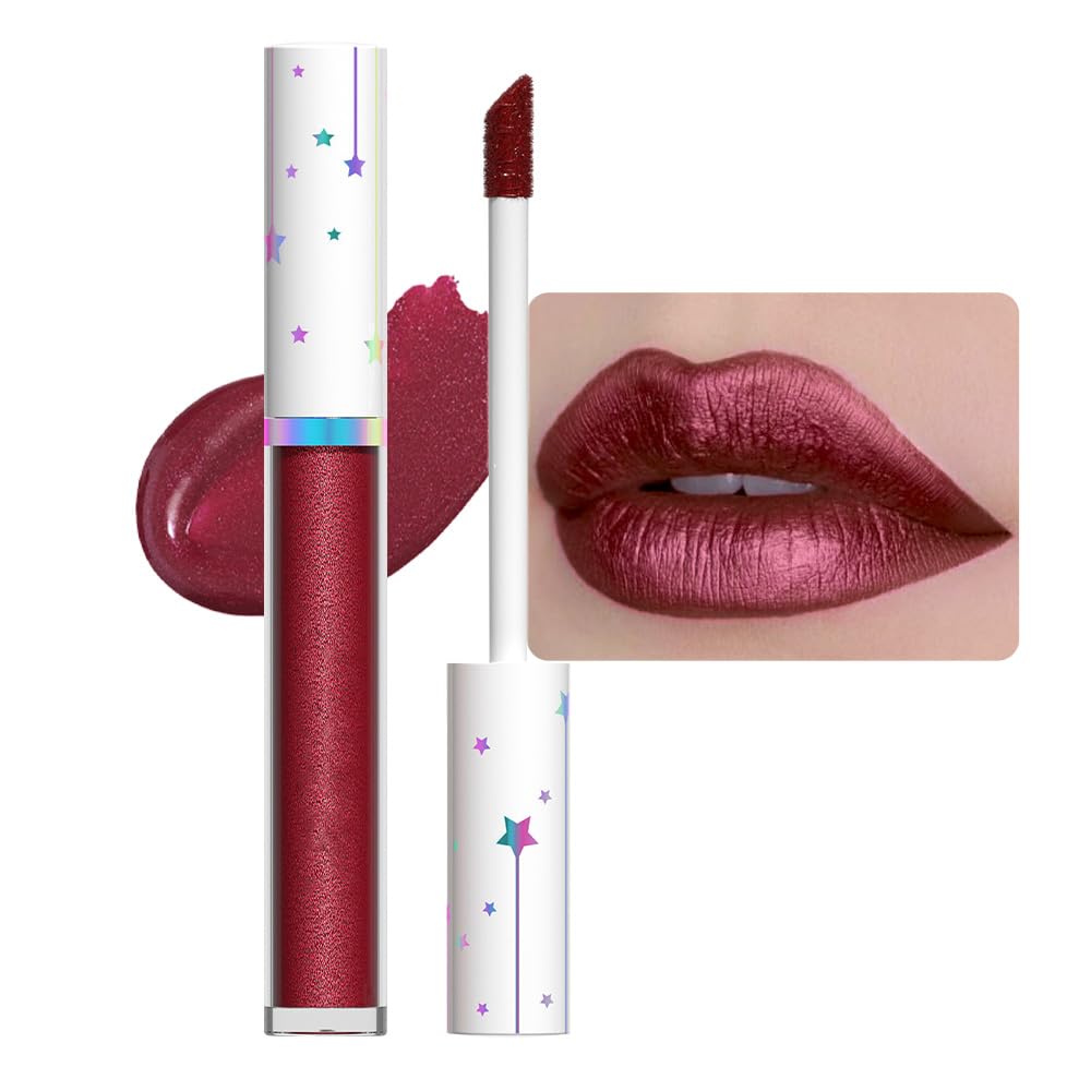 evpct 1Pcs Dark Red Metallic Shimmer Glitter Lip Gloss Liquid Lipstick Long Lasting Waterproof 24