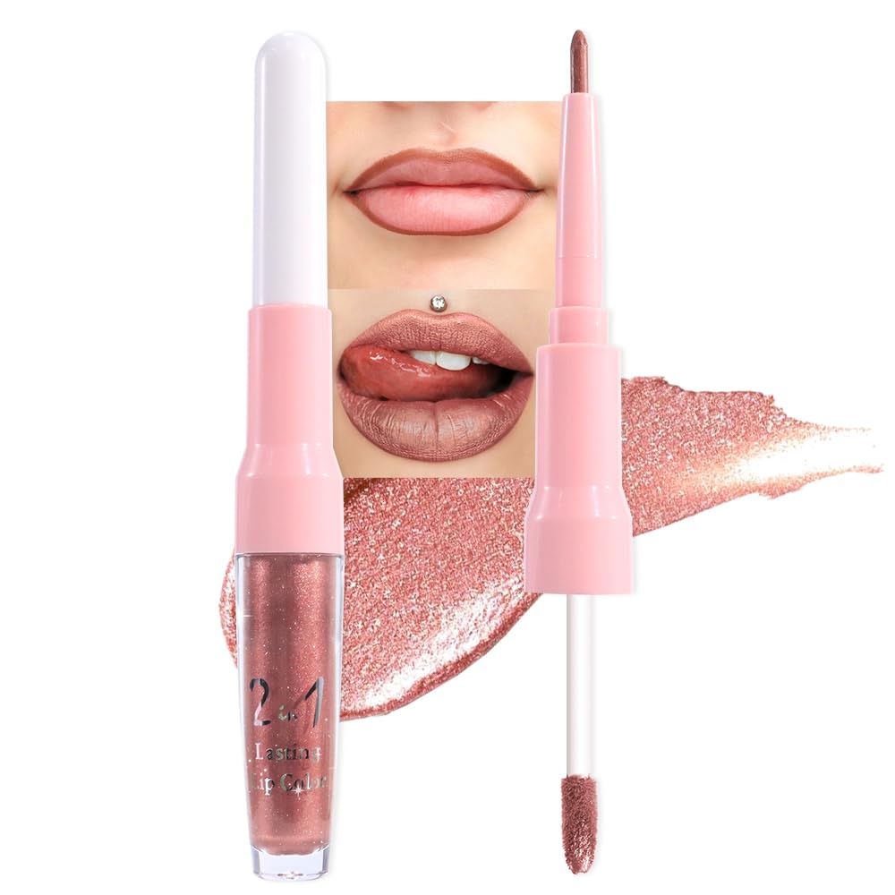 evpct Bronze Gold Metallic Glitter Lip Liner and Lipstick Combo Lip Gloss Stain Set Makeup for