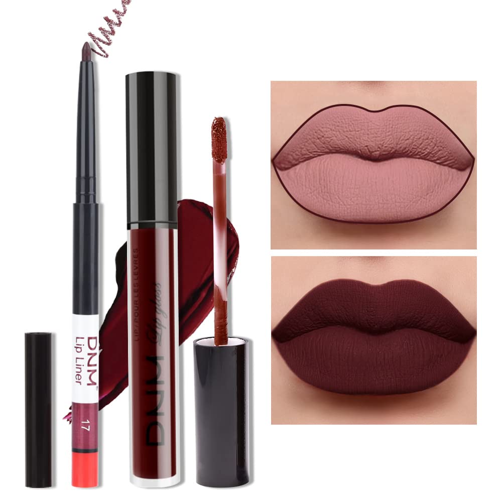 evpct 2Pcs Dark Deep Burgundy Red Matte Lipstick and Lip Liner Makeup Set for Women Dark Blood Red