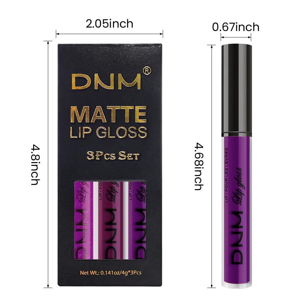 evpct 3Pcs Violet Purple Crystal Metallic Shimmer Glitter Matte Liquid Lipstick Lip Stain Sets for