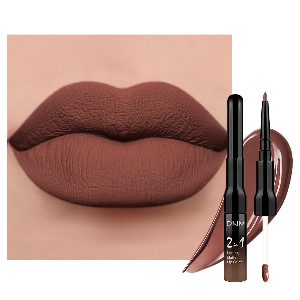 evpct 1Pcs Nude Brown Matte Lip Liner and Liquid Lipstick Stain Makeup Set for women, Brown Long