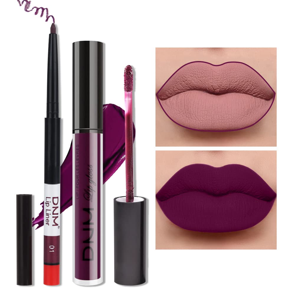 evpct 2Pcs Purple Plum Matte 24-hour Liquid Lipstick and Lip Liner Pencil Makeup Set Women Dark Red
