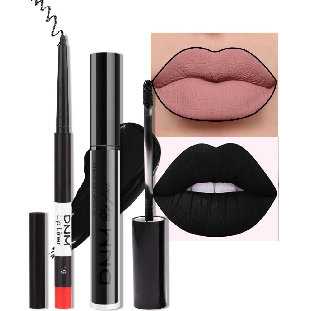 evpct 2Pcs Black Matte Liquid Lipstick and Lip Liner Gloss Stain Pencil Makeup Set Long Lasting