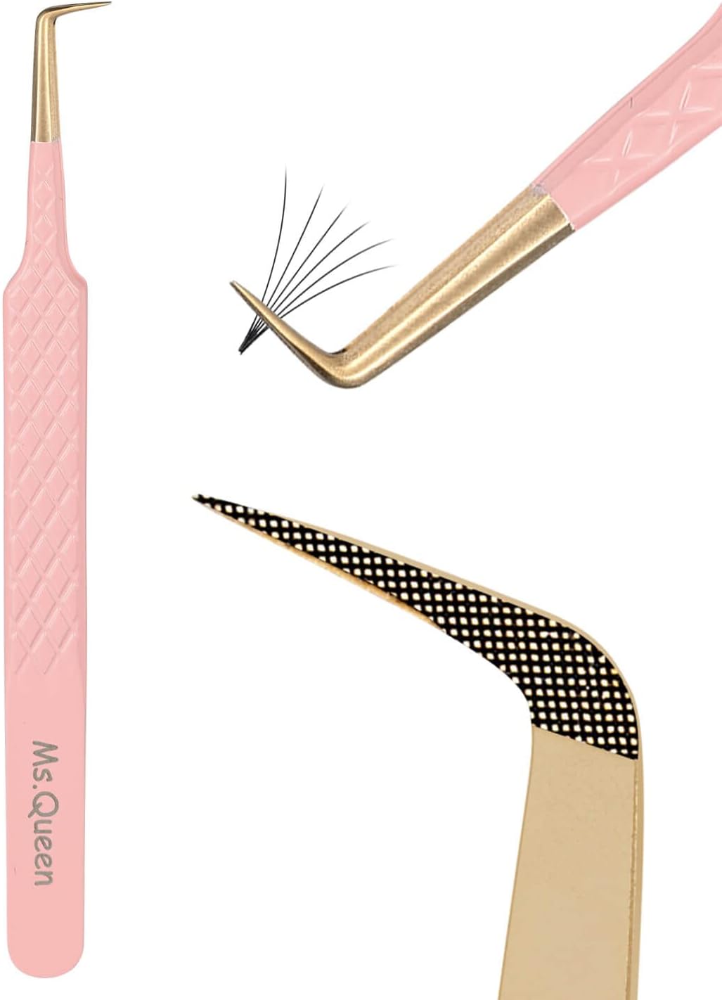 Ms.Queen 90 Degree Lash Tweezers for Eyelash Extensions, Precision Fiber Tip Grip Mega Volume Lash