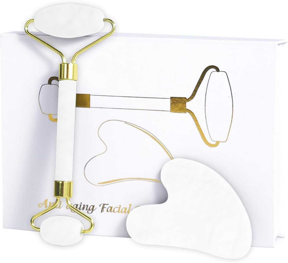 Natural Jade Roller & Gua Sha Set for Face, Facial Massager Tool for Skin Tightening, Anti-Aging