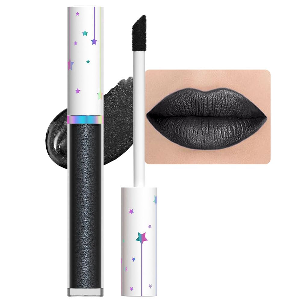 evpct 1Pcs Black Metallic Shimmer Glitter Lip Gloss Liquid Lipstick Long Lasting Waterproof 24