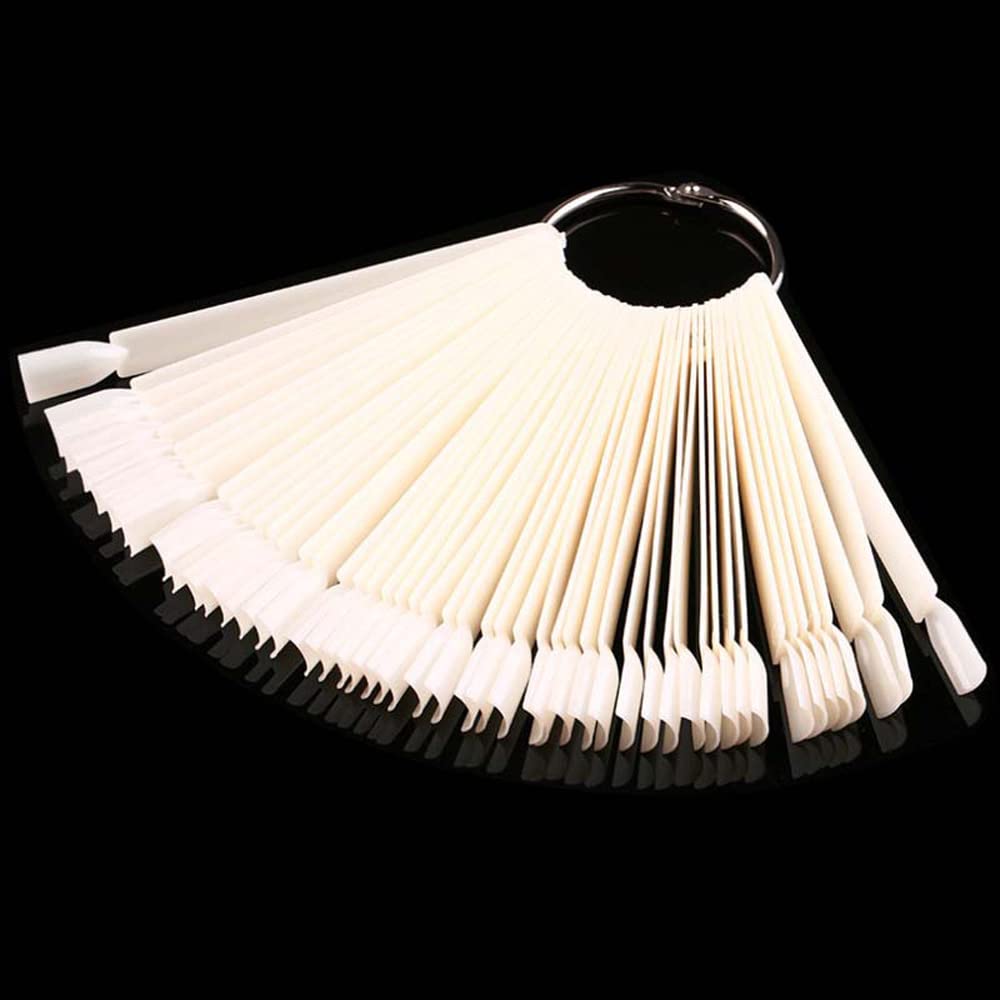 JASSINS 50 Pcs Nail Swatch Sticks with Ring, Fan-shaped Nail Art Polish Practice Display Tips Nail