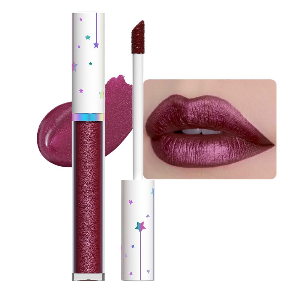evpct 1Pcs Dark Wine Red Metallic Shimmer Glitter Lip Gloss Liquid Lipstick Long Lasting Waterproof