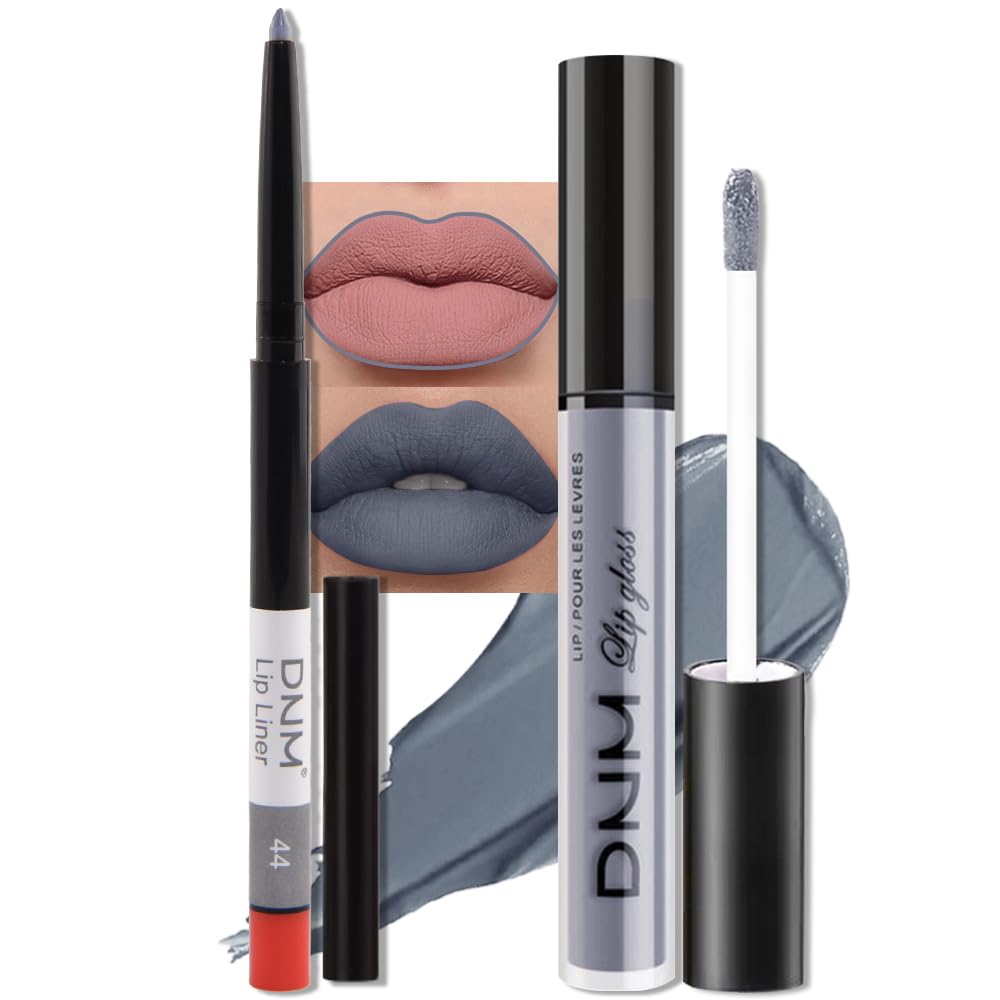 evpct 2Pcs Grey Gray Matte Liquid Lipstick Lip Gloss Stain and Retractable Lip Liner Makeup Set for
