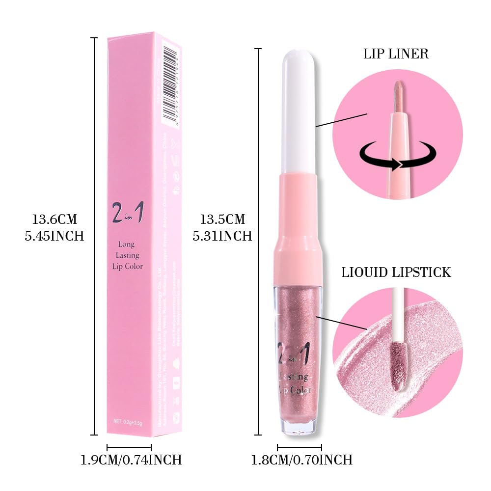evpct Light Pink Metallic Shimmer Lip Liner and Lipstick Combo Lip Gloss Stain Set Makeup for Women