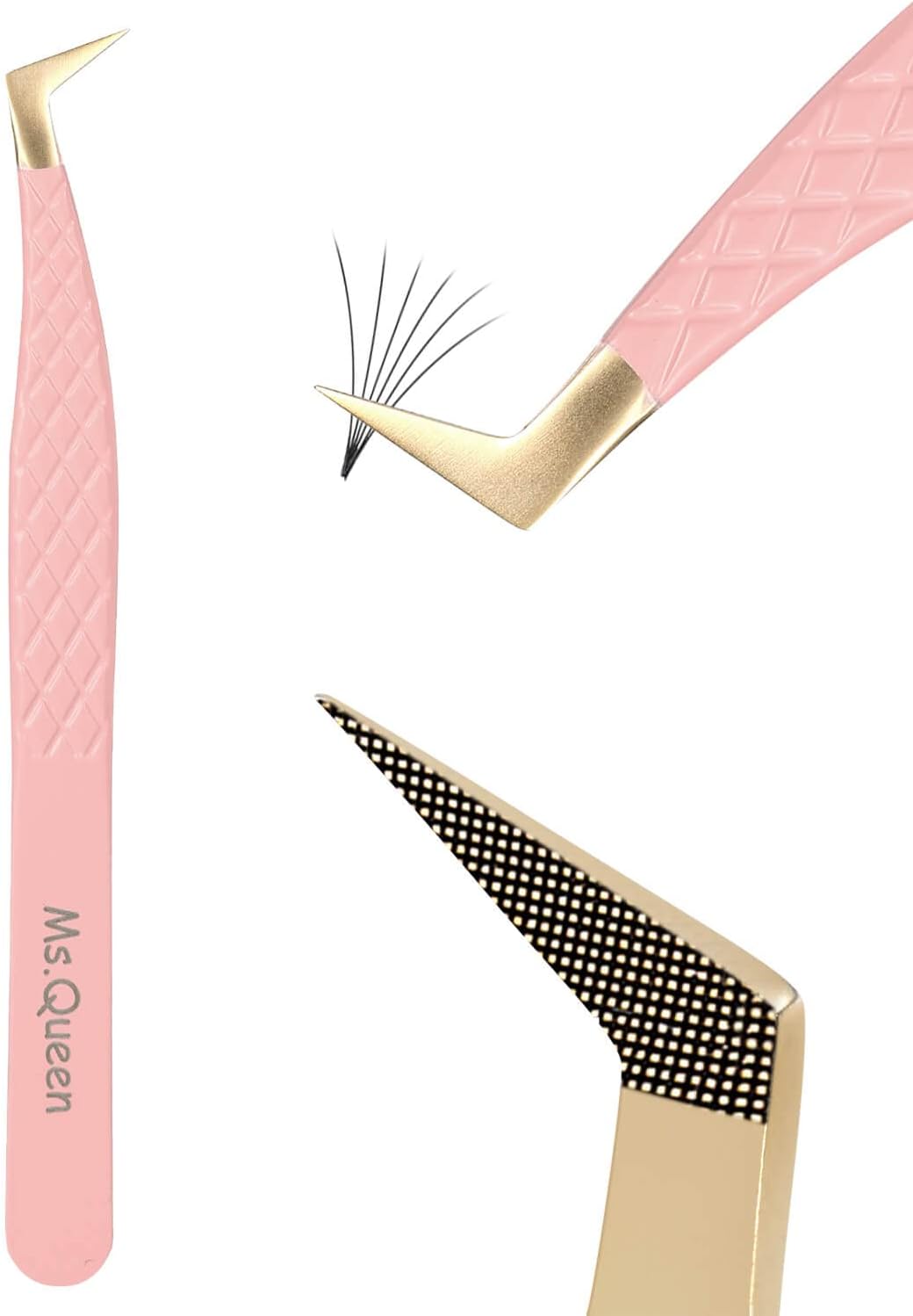 Ms.Queen Fiber Tip Lash Tweezers,Diamond Grip L-Shape Volume Boot Tweezers for Mega Volume Mink