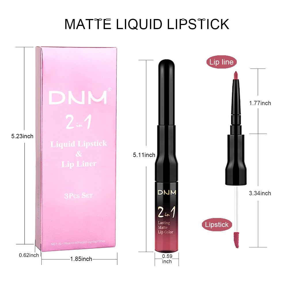 evpct 3Pcs Mauve pink Berry pink Rose red Lip Stain Paint Matte Lip Liner and Lipstick Set Long