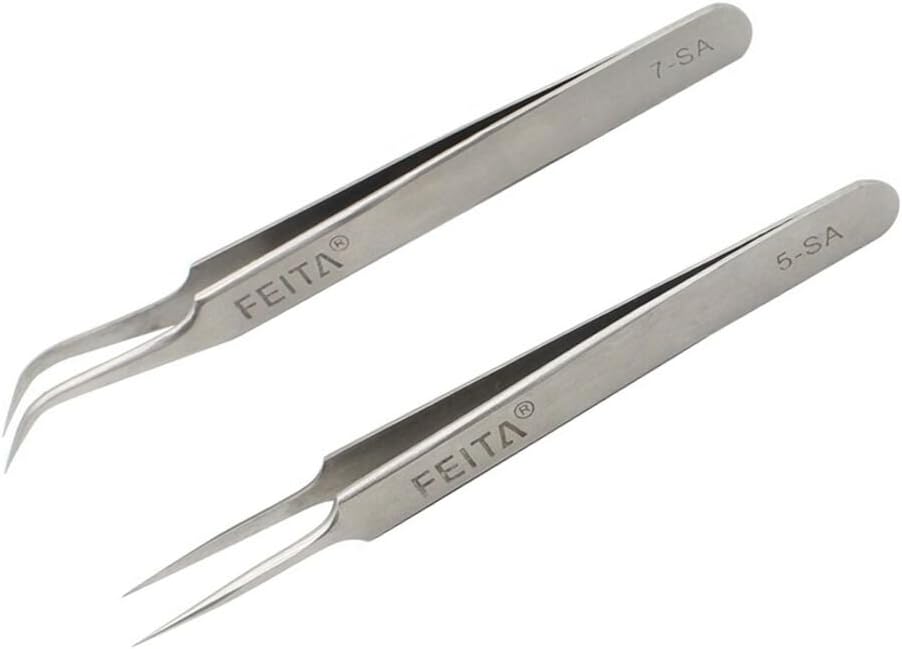 FEITA Precision Eyelash Extension Tweezers Set - Professional Straight & Curved Pointed Very Fine