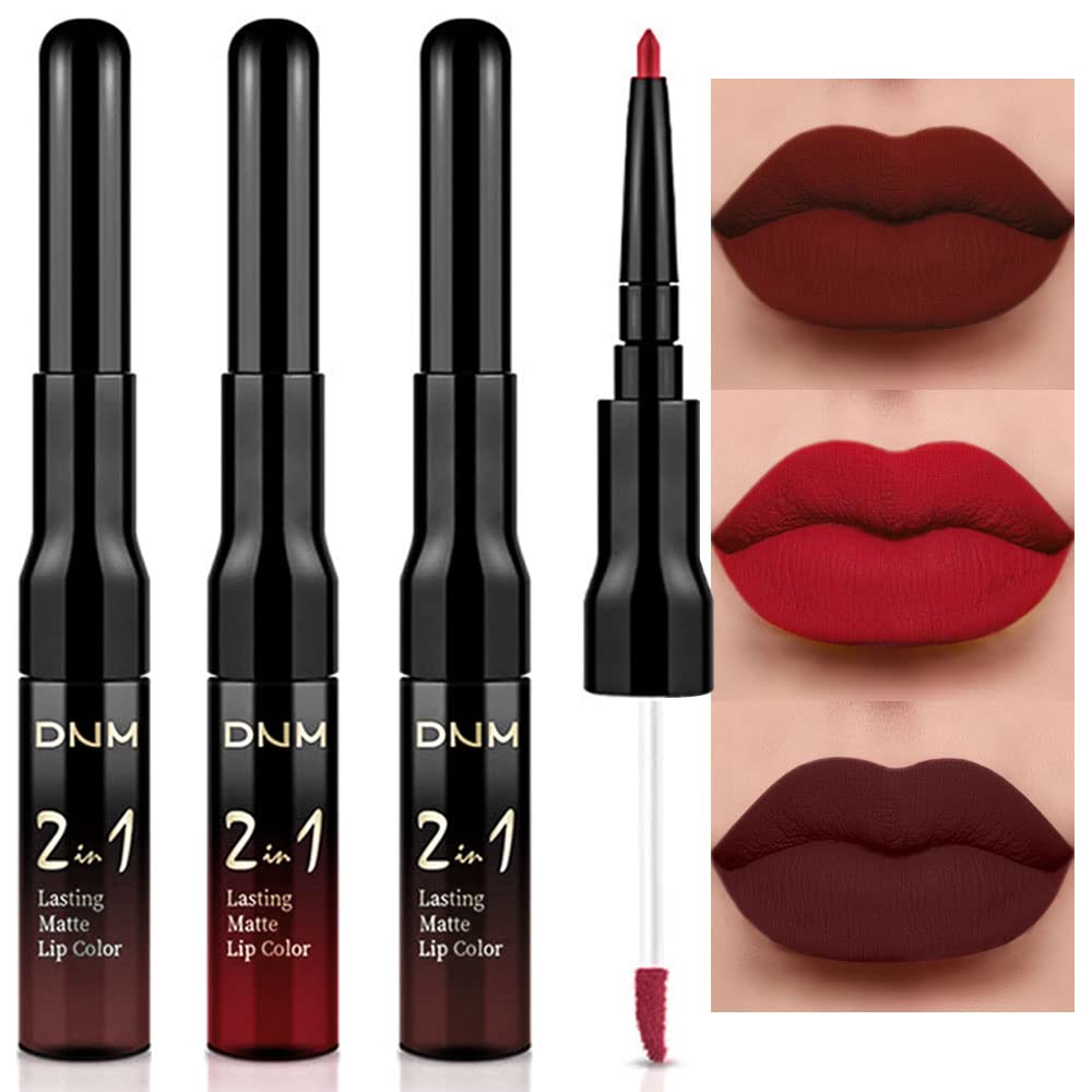 evpct 3Pcs Dark Brown Ruby Deep Red Matte Lip Liner Pencil and Liquid Lipstick Sets for Women Long