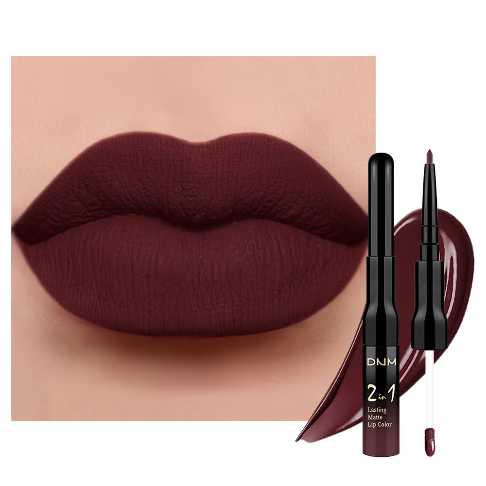 evpct 1Pcs Dark Deep Red Matte Lip Liner and Liquid Lipstick Stain Makeup Set for women, Red Long