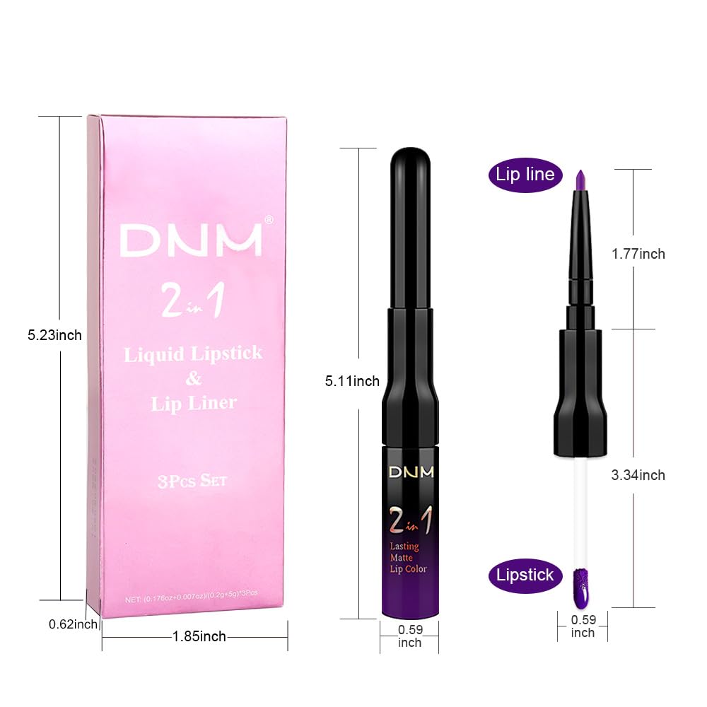 evpct 3Pcs Lavender Dark Violet Purple Matte Lip Liner & Liquid Lipstick Stain Makeup Set for