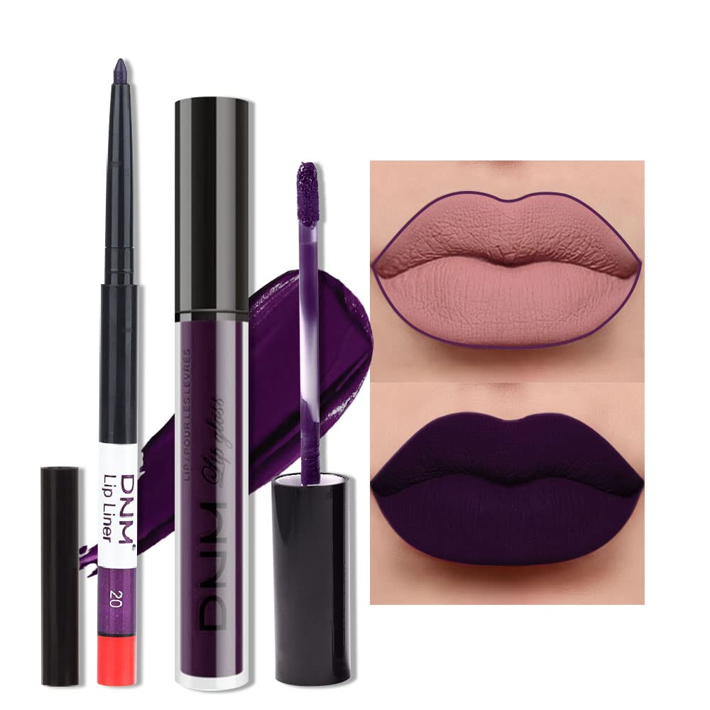 evpct 2Pcs Dark Deep Purple Plum Black Matte lipstick and Lip Liner Pencil Makeup Set for women