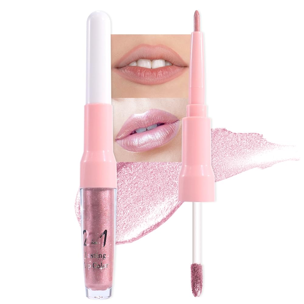evpct Light Pink Metallic Shimmer Lip Liner and Lipstick Combo Lip Gloss Stain Set Makeup for Women