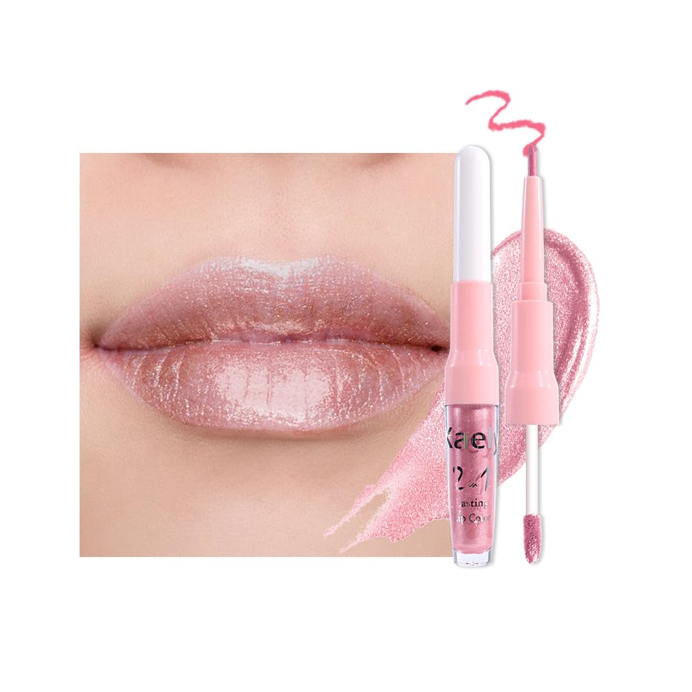 evpct Warm Pink Metallic Glitter Lip Liner and Lipstick Combo Set Long Lasting Waterproof, Metallic