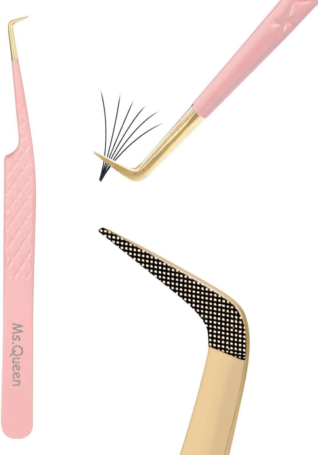 Ms.Queen Lash Extension Tweezers,Diamond Grip 90 Degree False Lashes Tweezers 3D 6D Mink Eyelash