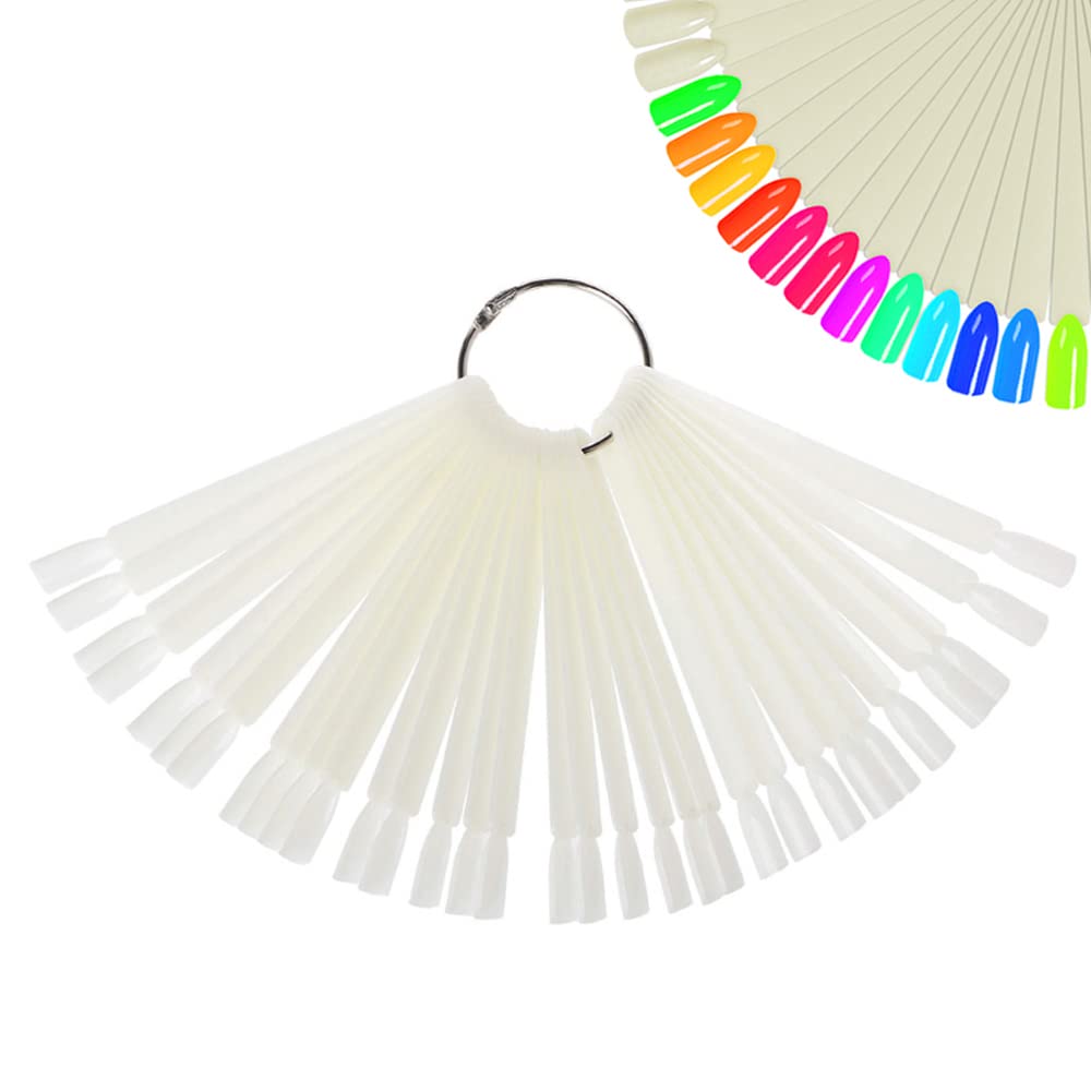 JASSINS 50 Pcs Nail Swatch Sticks with Ring, Fan-shaped Nail Art Polish Practice Display Tips Nail