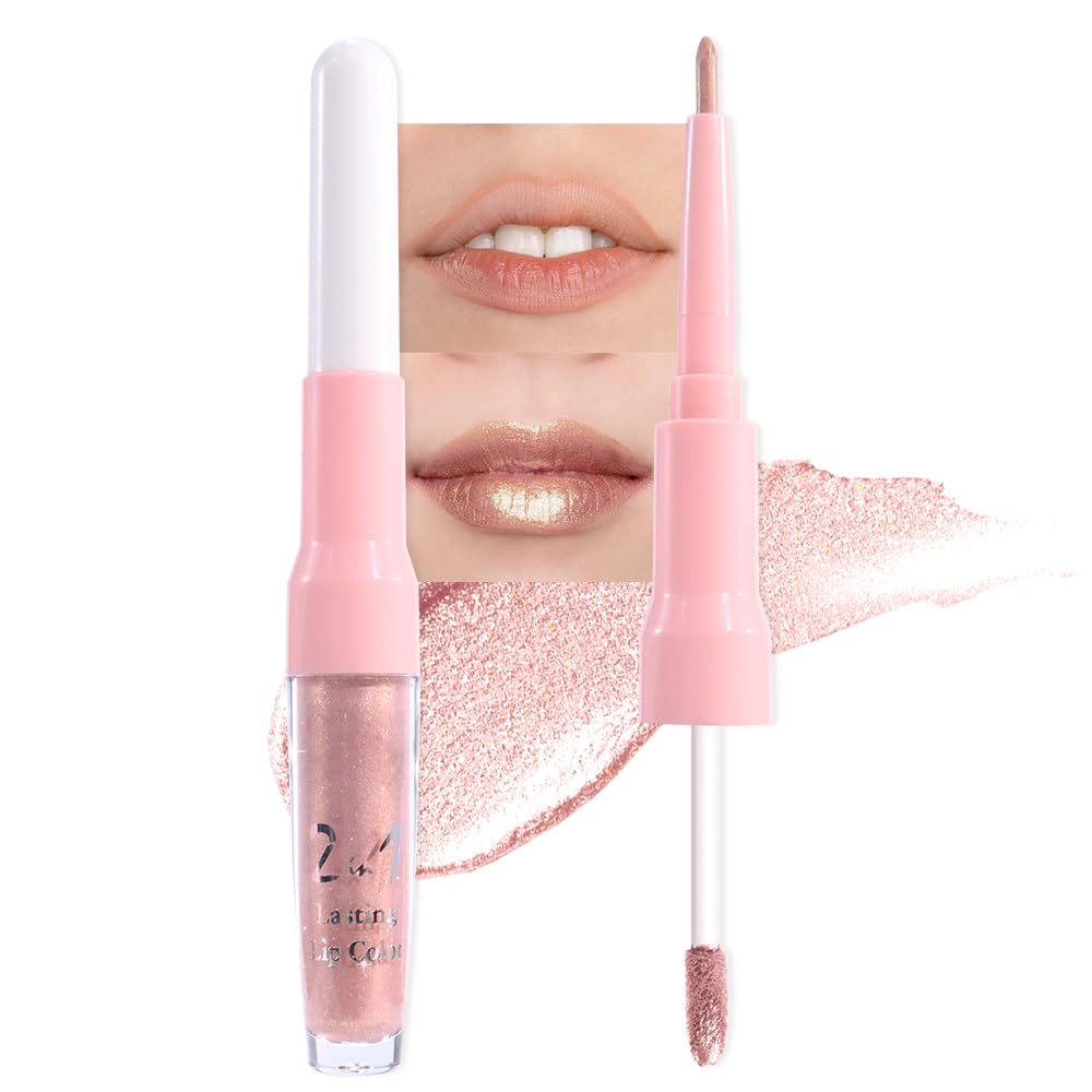 evpct Champagne Gold Metallic Glitter Lip Liner and Lipstick Combo Lip Gloss Stain Set Makeup for