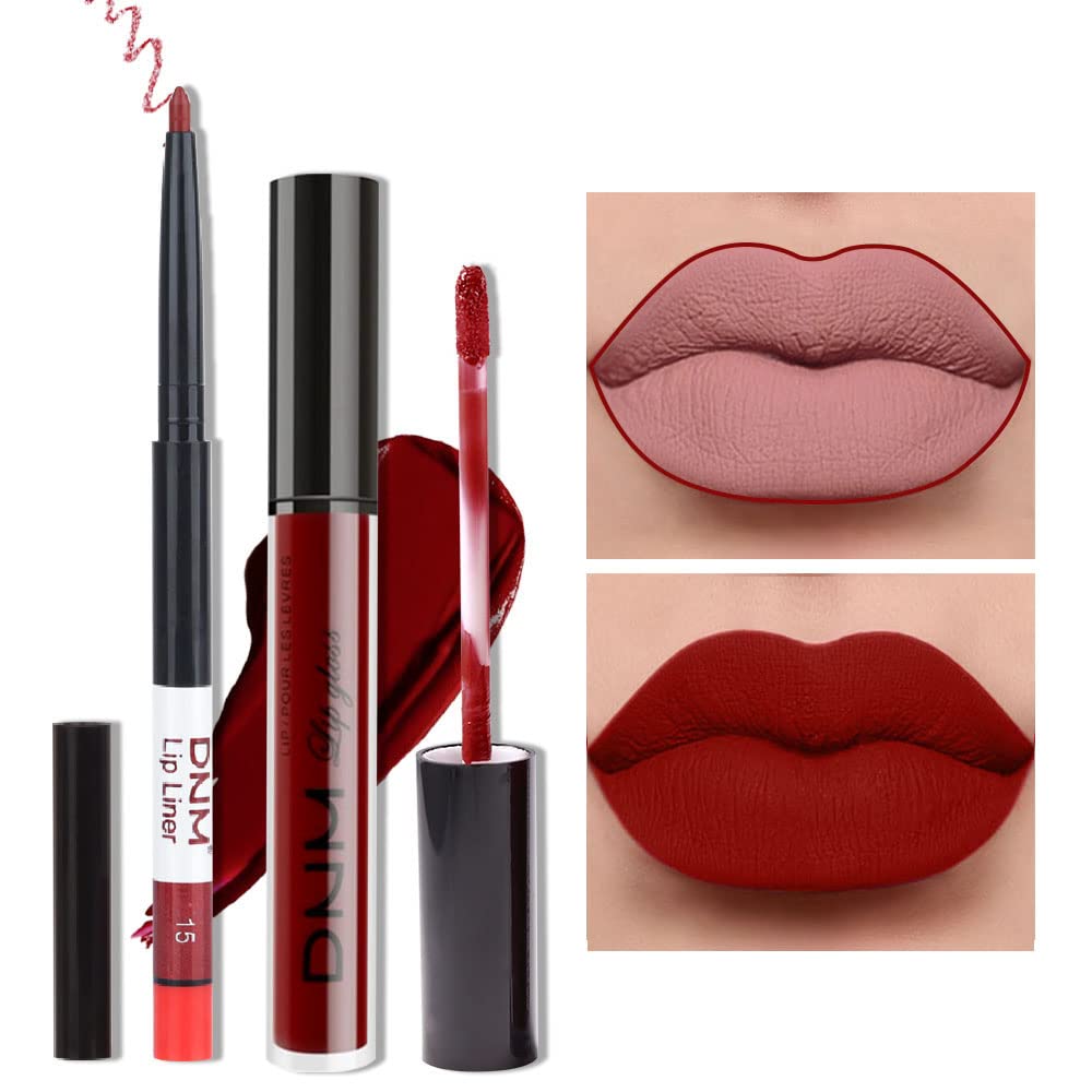 evpct 2Pcs Dark Red Maroon Matte Lipstick and Lip Liner Makeup Set for Women Dark Blood Red Liquid