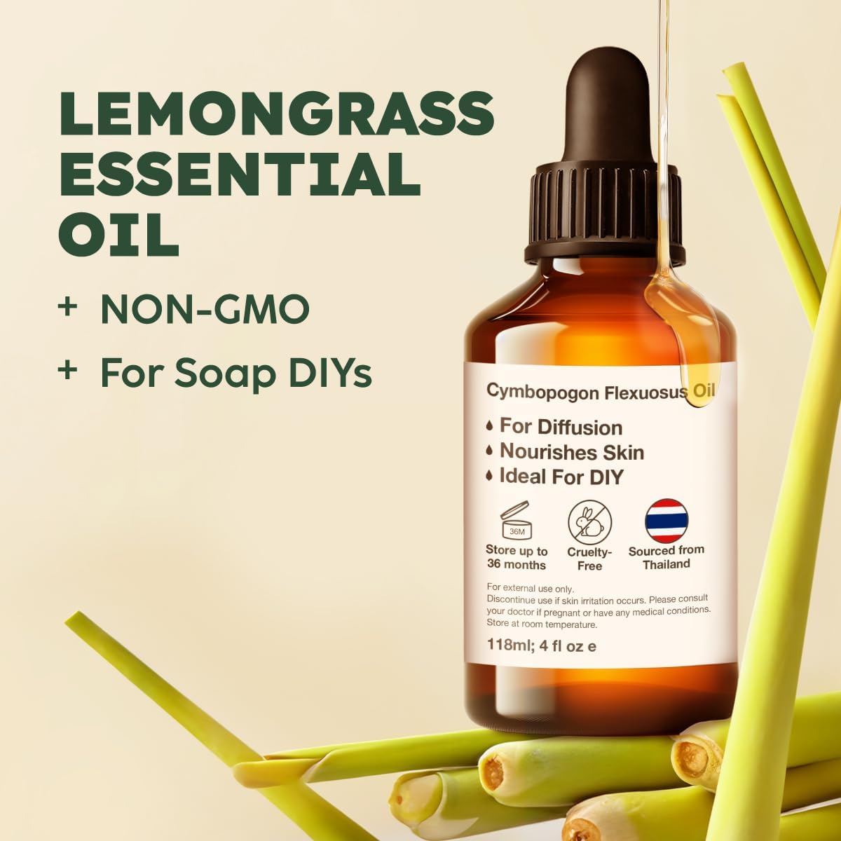 Kukka Lemongrass Essential Oil for Skin, Diffuser & Hair - 4 Fl Oz - Cleansing & Nourishing