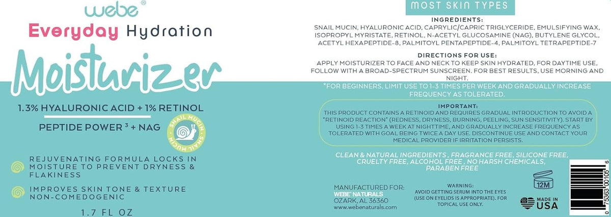 WEBE Hydration Snail Mucin Moisturizer – Hydrating Face Cream with Hyaluronic Acid, Retinol &
