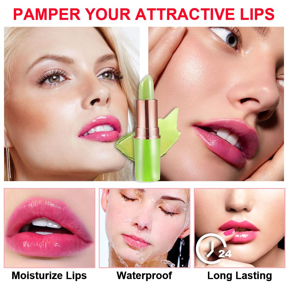 2Pcs Aloe Vera Lip Color Changing Lipstick Lip Balm Set, Green Magic PH Lipstick Color Change