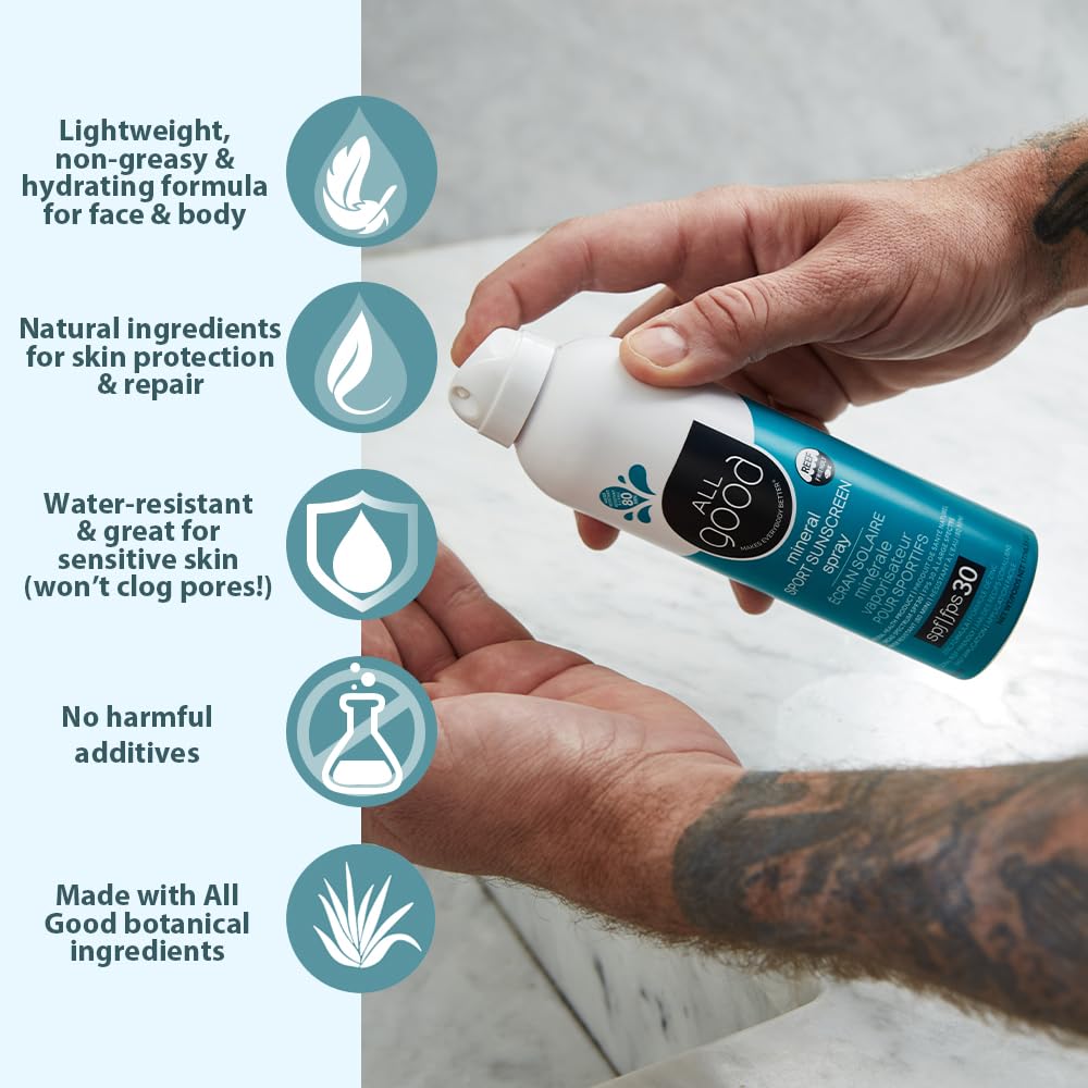 All Good Sport Sunscreen Spray - UVA/UVB Broad Spectrum SPF 30 - Water Resistant, Coral Reef